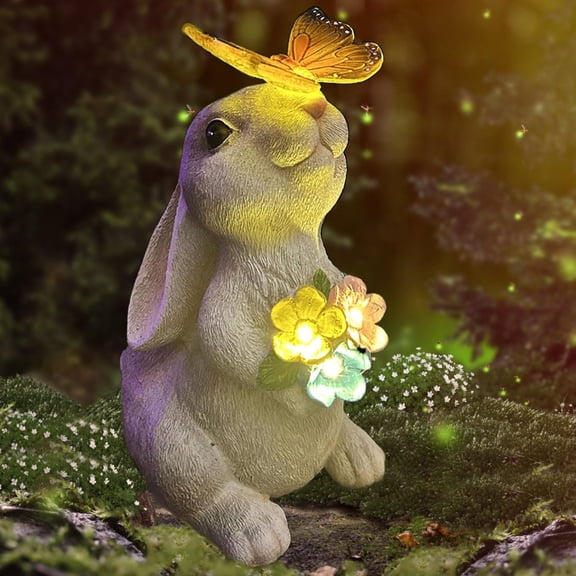 Rirool Solar Rabbit Garden Statue with Glowing Butterfly and Flower LED Lights, Weather-Resistant Resin Bunny Yard Decor for Patio, Lawn, Porch, Easter and Mother's Day Gift for Women