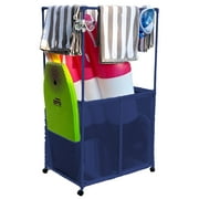 Essentially Yours Pool Equipment Holder with Towel Drying Bars, Mesh Rolling Double Decker Multi Use Storage Organizer Bin, Extra Large with Towel Hanger, (34.5" W x 25" L x 62.6" H), Blue Style 41856