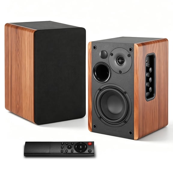 80W Powered Bookshelf Speakers, Bluetooth 5.3 HiFi Wireless Speaker with 4 inch Woofer, AUX/USB/Optical Inputs, Remote Control, Bass & Treble Adjust, Wooden Enclosure for PC TV Gaming Turntable