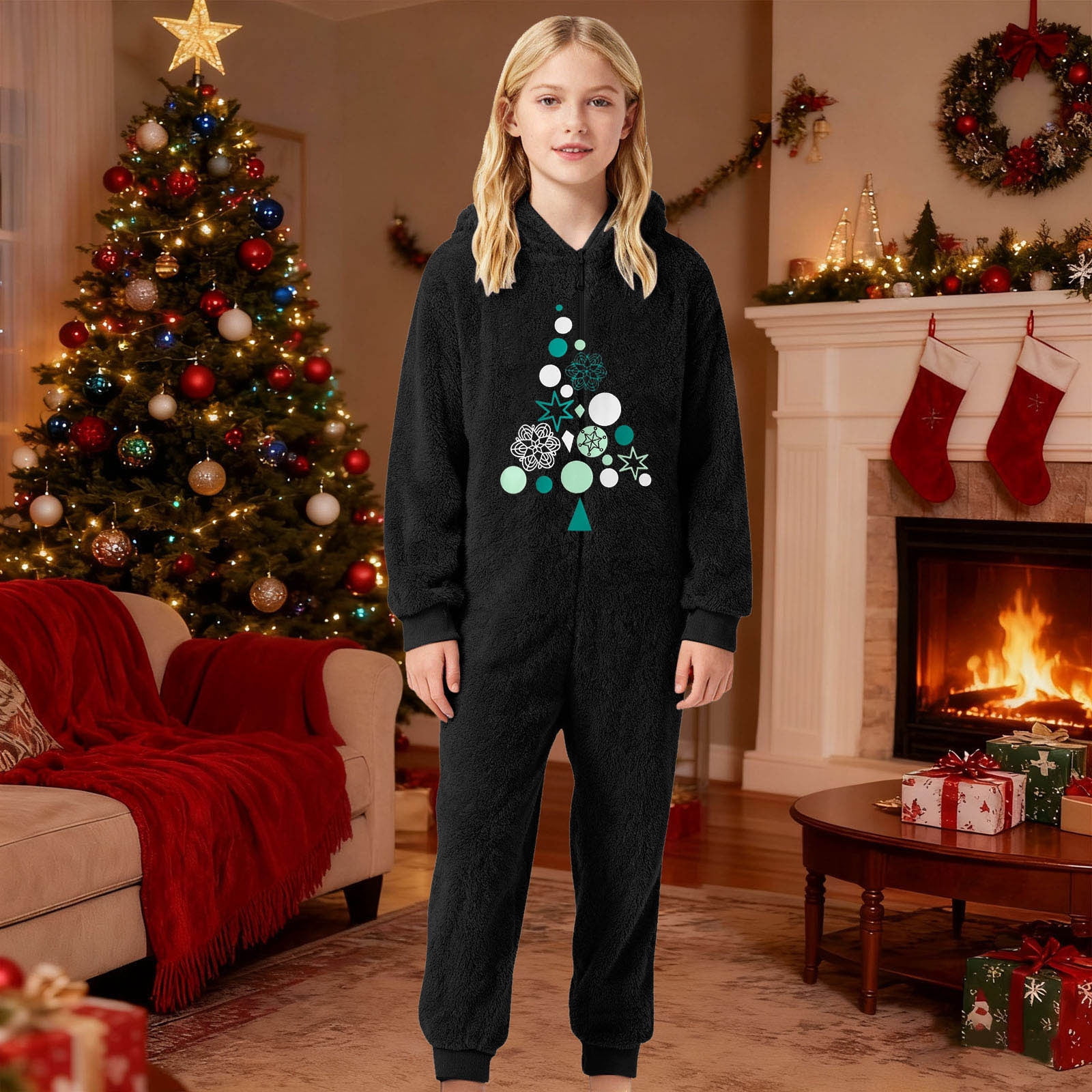 FYDUU Christmas Girls Zip Up Jumpsuits Kids Fuzzy Hooded Rompers Soft Cozy Onesie Pajamas One-Piece Warm Winter Clothes Baby Xmas Clothes 7-8 Years