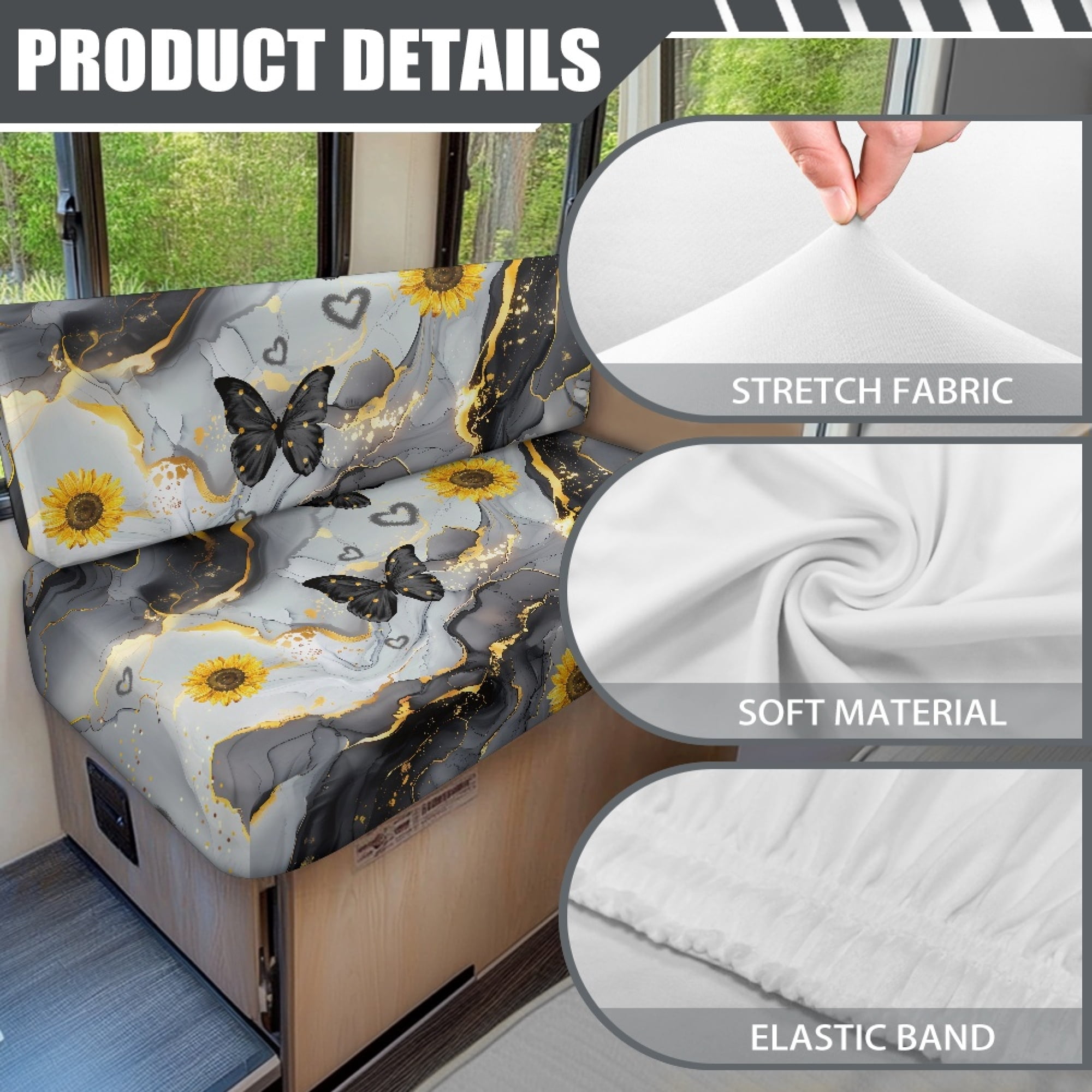 Yuyamidu Gray Marble Print RV Dinette Cushion Covers Butterfly RV Dinette Cushion Slipcover Sunflower RV Camper Couch Cushion Covers RV Dinette Cushions Replacement