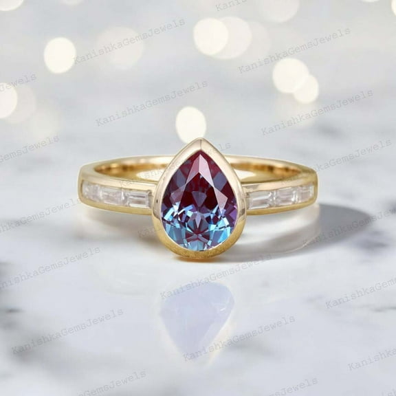 KANISHKAGEMS&JEWELS 2Ct 7x5mm / Pear Alexandrite Engagement Ring CZ Diamond Proposal Ring Yellow Gold Plated Women Jewelry Anniversary Gift For Wife
