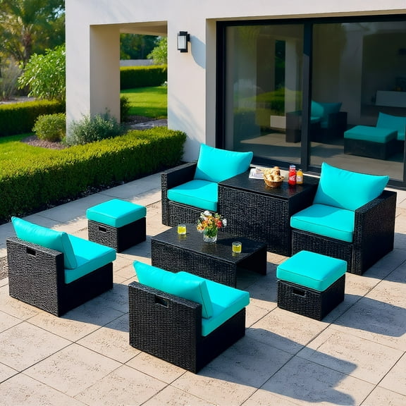 GVN 8 Pieces Patio Rattan Storage Table Furniture Set-Turquoise, Outdoor Sofa Sectional , Coffee Table for Patio Back Deck, Balcany, Poolside