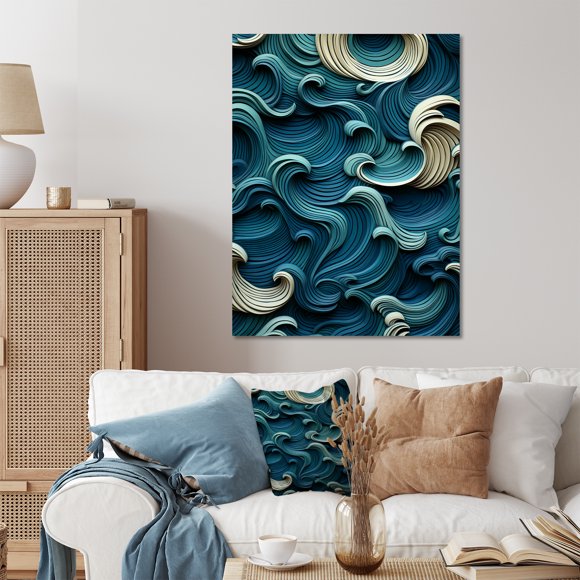 Designart "Impressions of Blue and White Wave Tiles II" Abstract Modern Waves Metal Wall Art, Blue Metal Wall Decor, Modern Metal Art Decor For Living Room - 24x32 Inch