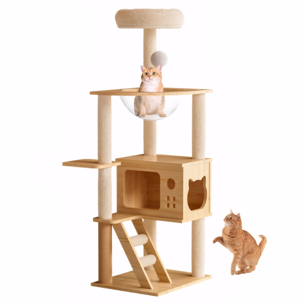 Modern Wood Cat Tree Tower - Indoor Cat Condo with Sisal Scratching Posts, Perch & Acrylic Hammock - For Small/Large Cats