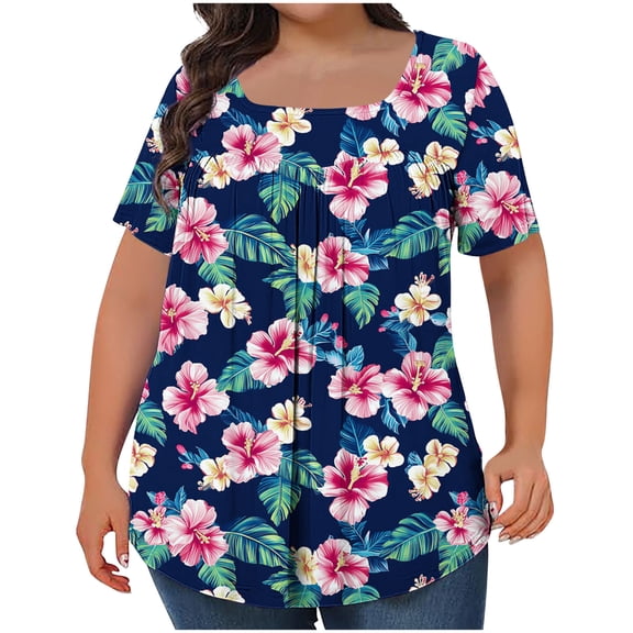 Floral Graphic Tees Womens Plus Size Tops Square Neck Pleated Tunic Tshirts Casual Going Out Travel Outfits Navy, 3XL