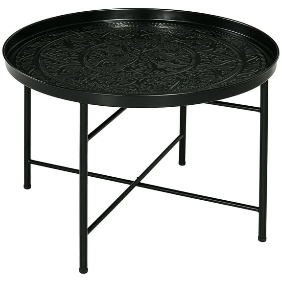 Dining Tables HOMCOM 24" Round Coffee Table with Hammered Tray Top, Vintage Metal Center Table for Living Room, Bedroom, Side Table, Black,Wooden Dining Tables