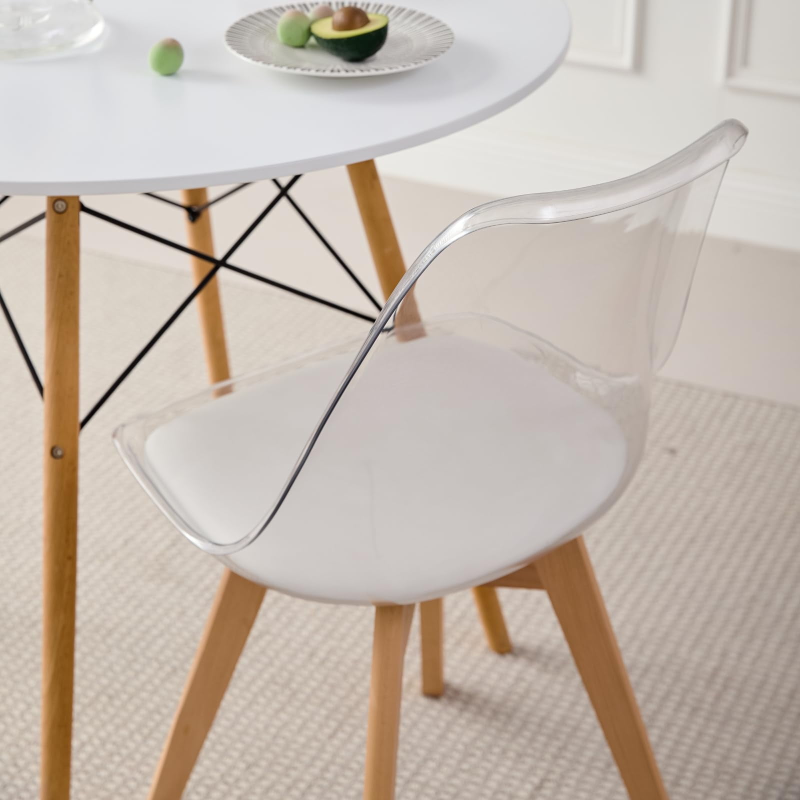 Dining Chairs Set of 2, Clear Acrylic Mid Century Modern Kitchen Chairs with Soft Padded and Wood Legs for Dinner, Living Waiting Room, Bedroom, Apartment, Transparent
