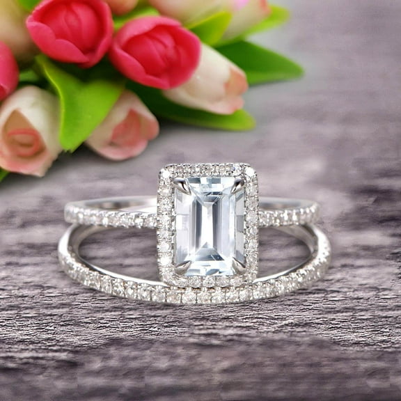 2.25 Carat 7x5mm Emerald Cut Wedding Set Aquamarine Engagement Ring With Matching Band On 10k White Gold