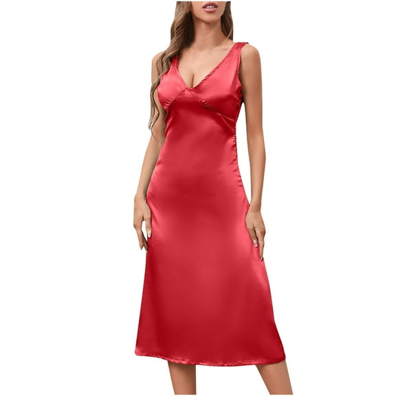 Satin Dress for Women V Neck Sleeveless Solid Casual Summer Dress A-Line Flowy Cocktail Party Formal Midi Dress