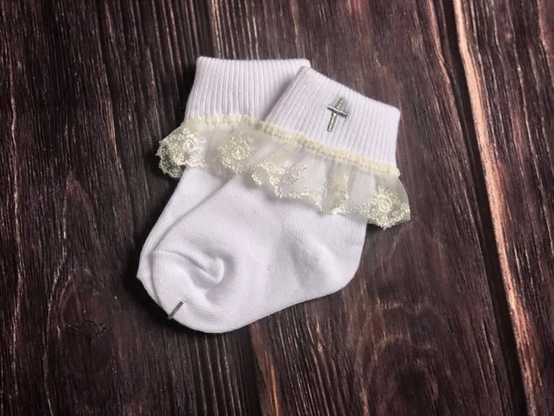 Girls Baptism Socks, Baptism Socks, Socks, Special Occasion Wear, White Cross, Baby Shower Gift 6-12M