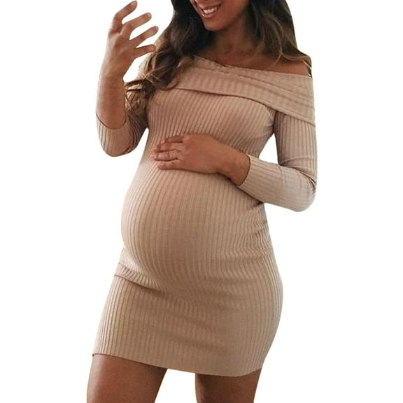 50% Off Clear! asdoklhq Maternity Clothes for Women,Casual Pregnants Long Sleeve Off Shoulder Nursing Dress