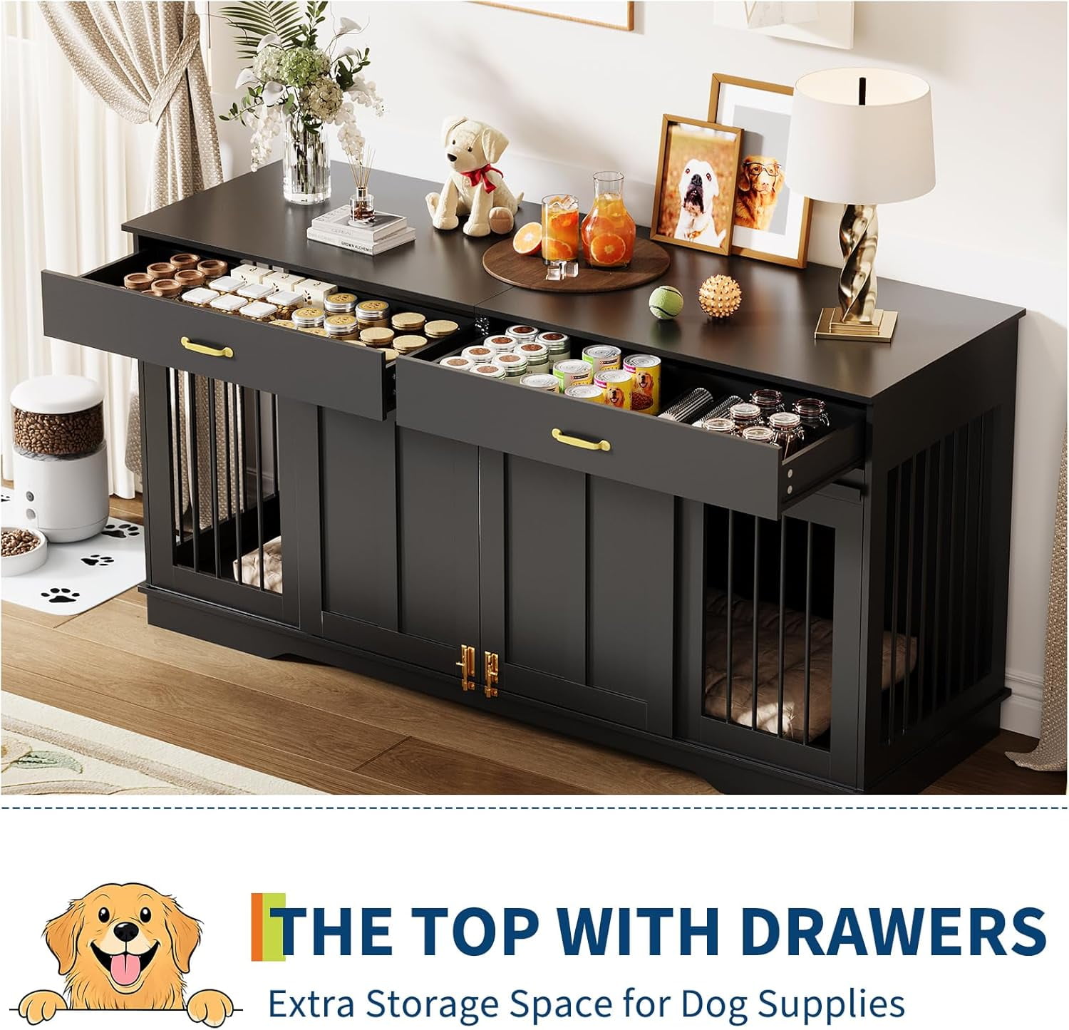 Litake 71" Extra Large Dog Crate TV Stand for 2 Large Dogs - Wooden Double Kennel Furniture with 2 Lockable Doors & 2 Drawers, Indoor Pet Crate for Living Room Home Decor, Black