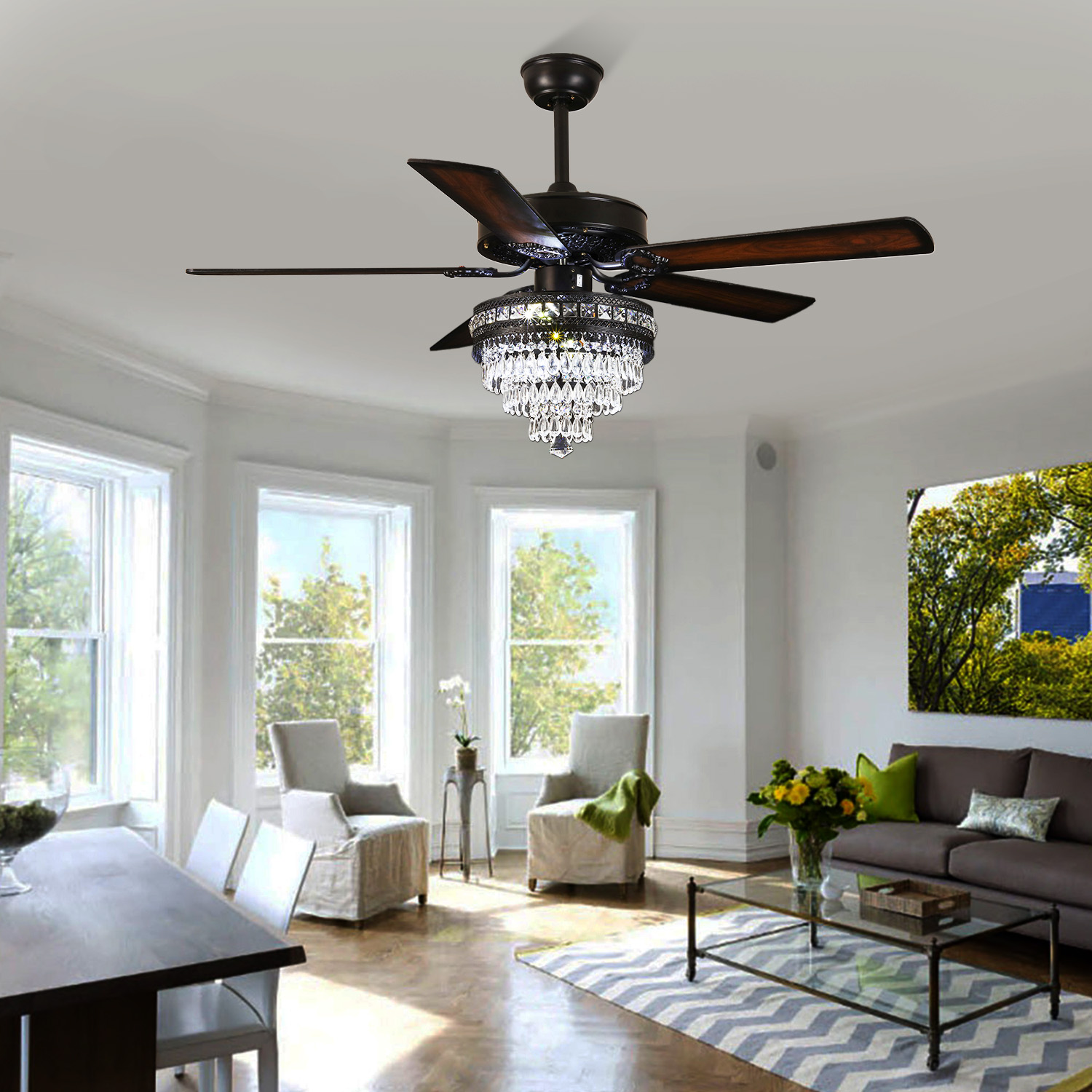 PHORUS 52'' Modern Crystal Ceiling Fan with Lights Remote Control,5 Blades Fandelier Ceiling Fan with Light,Whisper-Quiet Motor,Elegant Chandelier Fan for Living Room,Black