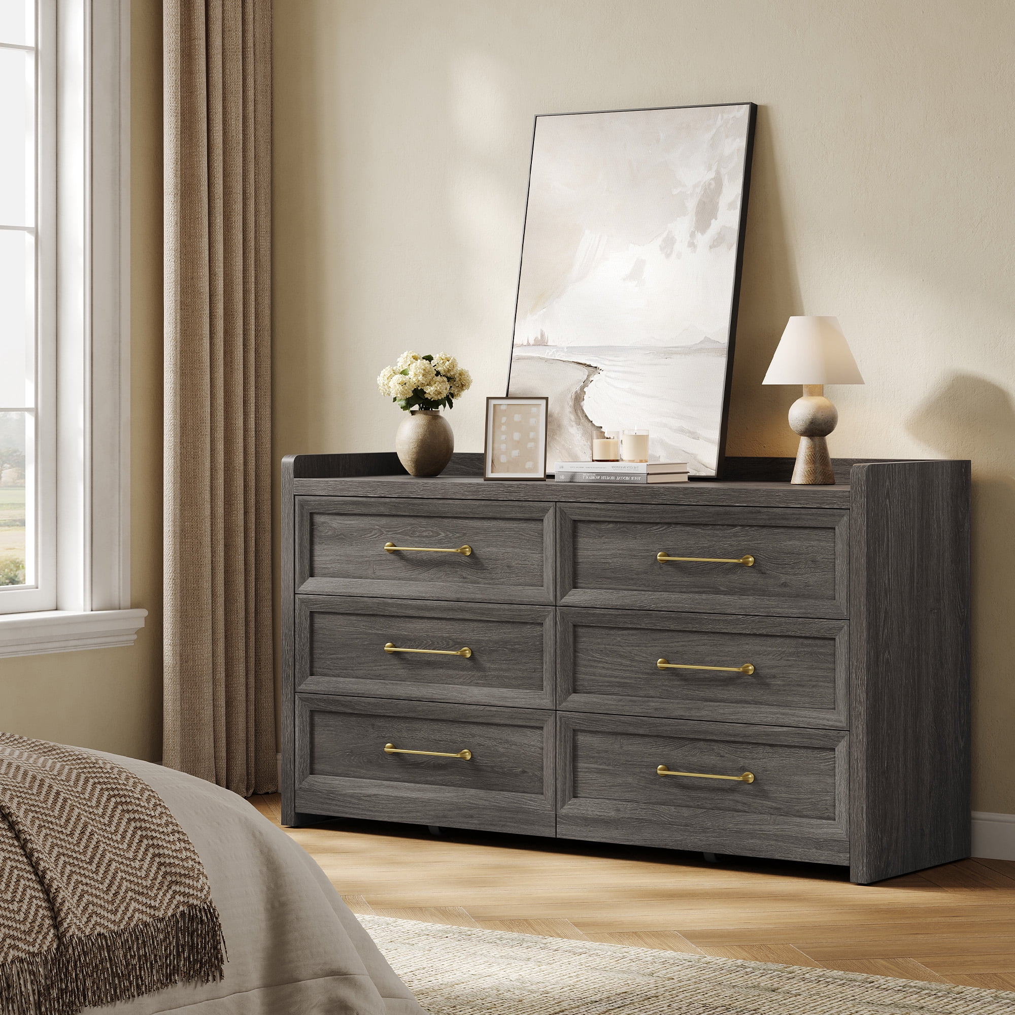 SICOTAS 56.4"W Farmhouse 6 Drawer Double Dresser, Long Chest of Drawers with Brass-tone Handles & Rolling Wheels, Wooden Dresser Storage Cabinet for Bedroom Living Room, Grey Oak