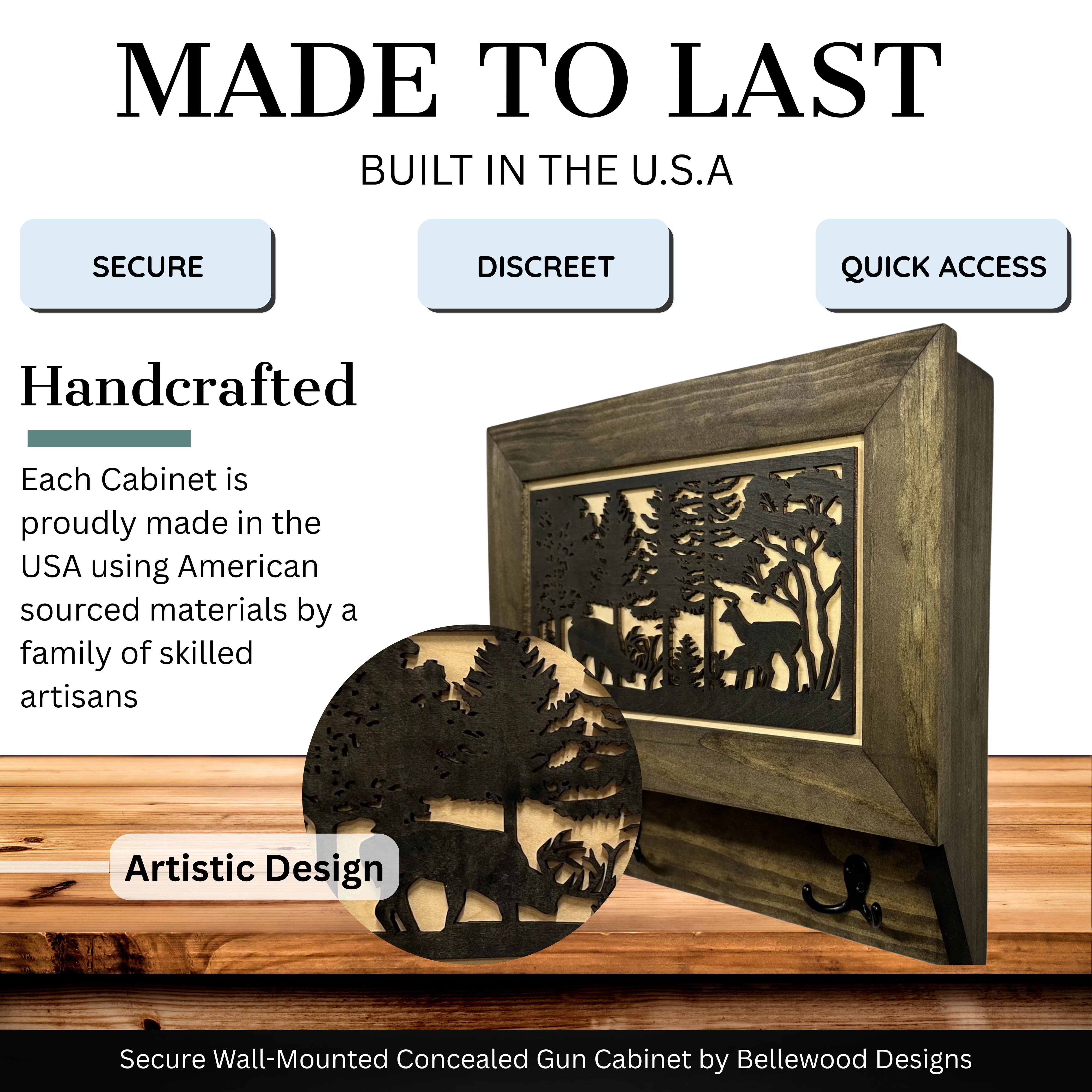 Bellewood Designs Wall Mounted Gun Cabinet Coat Rack - Wall Decor, Hidden Firearm Concealment Furniture, Deer Hunter Gift