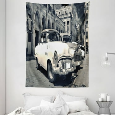 Old Car Decorations Wall Hanging Tapestry, Panoramic View of Shabby Old Havana Street with Vintage Classic American Cars, Bedroom Living Room Dorm Accessories, 60 X 80 Inches, by Ambesonne