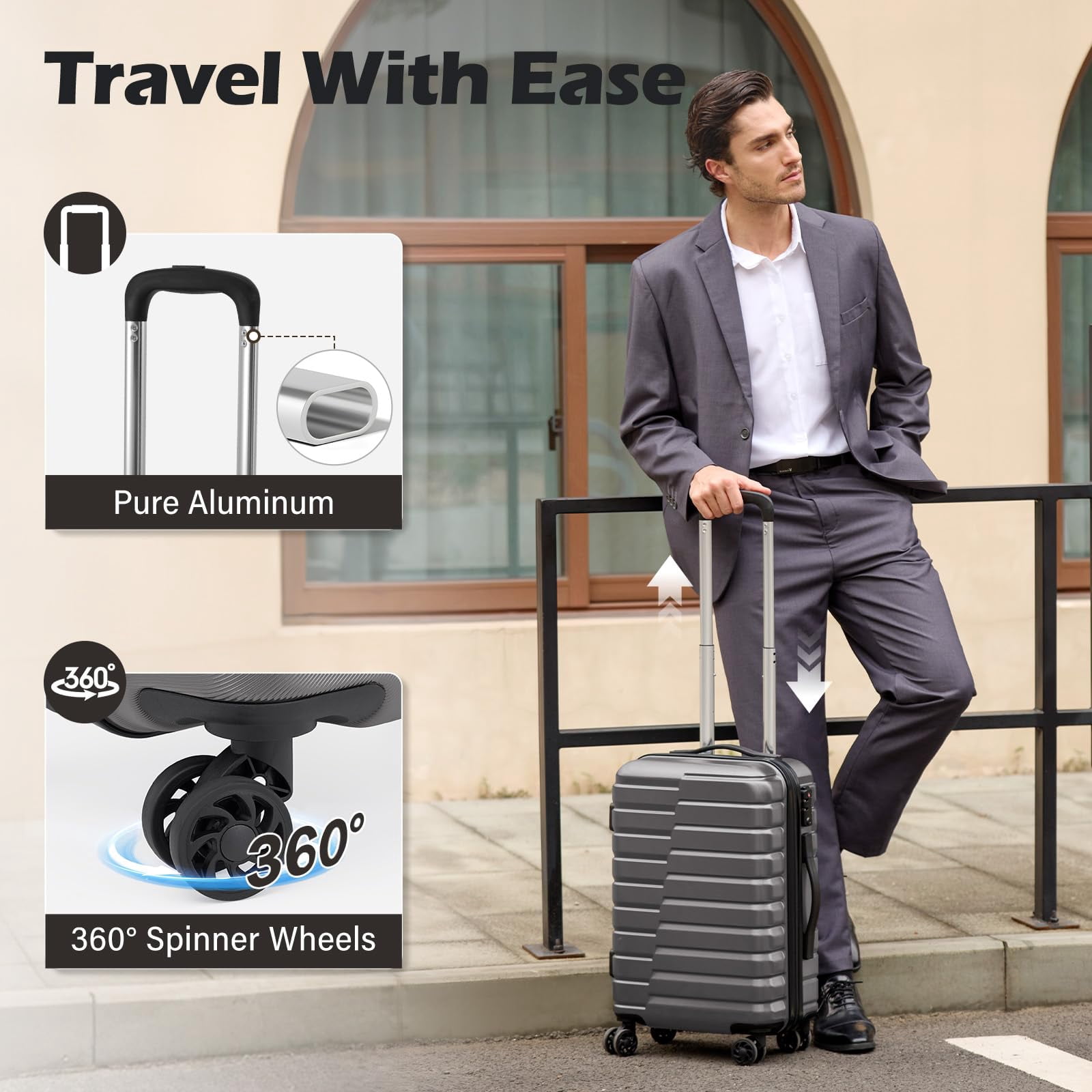 Coolife Luggage Sets, 3 Piece Hard Shell Suitcase Set with Spinner Wheels, Expandable Large Checked Luggage, Lightweight Rolling Carry On with TSA Lock Gray