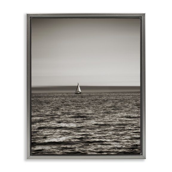 Stupell Industries Lone Distant Sailboat Coastal Photography Gray Floater Framed Canvas Art Print Wall Art, 17 x 21