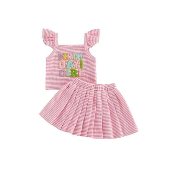 BemeyourBBs Toddler Baby Girl Birthday Outfit 1 2 3 4 5 Years Old Birthday Clothes Letter Embroidery Ruffled Fly Sleeve Striped Tank Tops Pleated Pleated Skirts Set 2Pcs Toddler Girl Summer Clothes