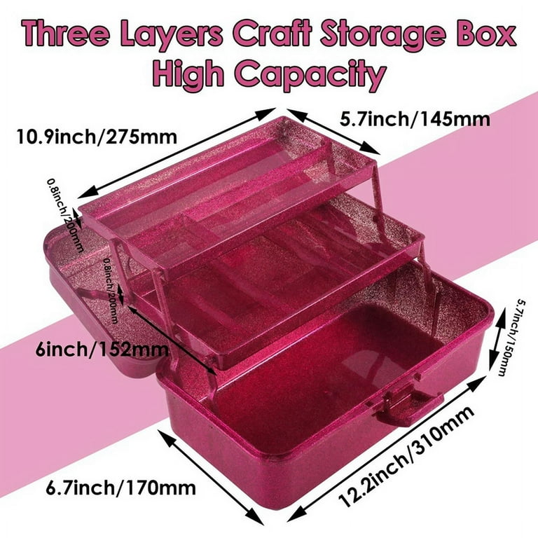 Glitter Pink & Craft Tool Storage Box,3-Layer Stackable Carry Tackle Box Sewing Organizer for Art