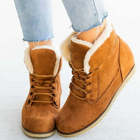 

YOTAMI Womens Shoes Autumn Winter Women Plus Size Casual Flat Short Cross Tied Plus Velvet Boots Brown