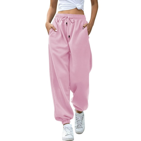 Bmisegm Sweatpants Women Fitness Drawstring Jogging Pants with Pockets Casual Loose Elastic Waist Drawstring Sweatpants Pants for Women Pink L