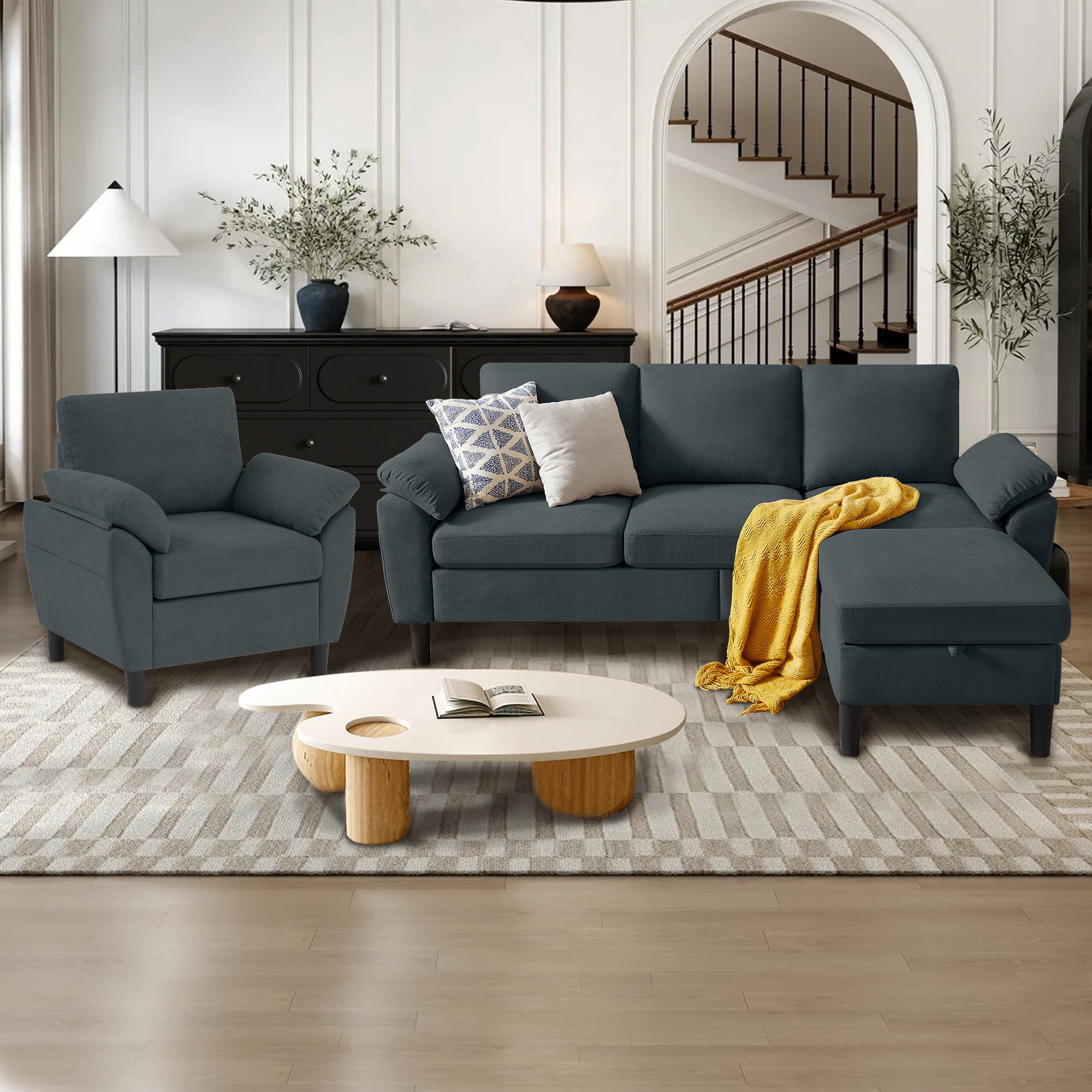 Soscana Living Room Furniture 2 Piece Set,Sectional Sofa Couch with Storage Ottoman and Accent Chair,Dark Gray