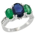 thumbnail image 1 of 14K White Gold Diamond Natural Quality Blue Sapphire 3-stone Mothers Ring Oval 8x6mm with Emerald, size 5, 1 of 4