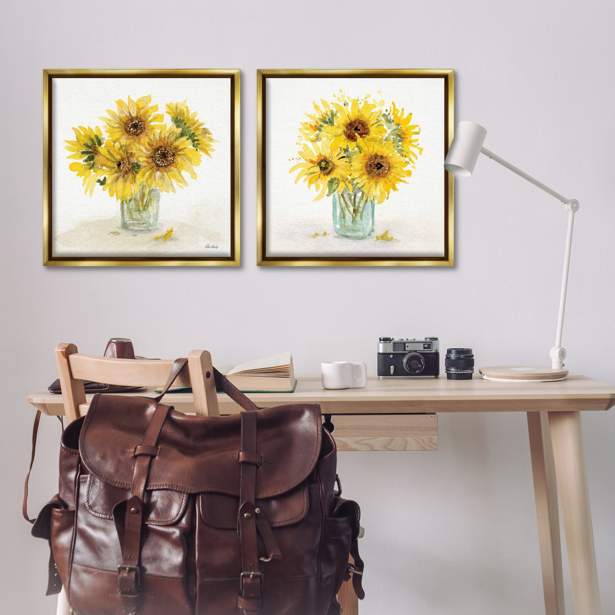 Stupell Industries Sunflower Bouquet Jar Plants & Flowers Painting Gold Floater Framed Canvas Art Print Wall Art, 25 x 25, Set of 2