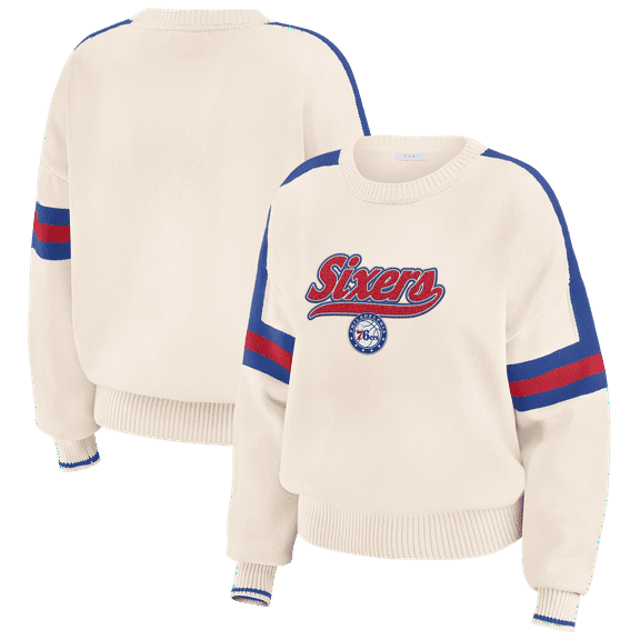 Women's WEAR by Erin Andrews  Cream Philadelphia 76ers Stripe Pullover Sweater