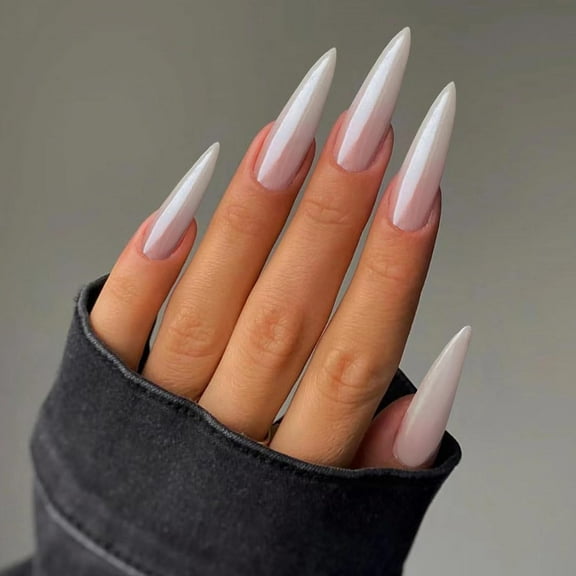 Press on Nails Long Stiletto Fake Nails Glossy Glue on Nails Sharp Almond Acrylic Nails Bling White Chrome Artificial Nails Sparkly Pearl Flash Stick on False Nails with Design 24 pcs