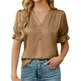 thumbnail image 2 of Womens Summer Tops Fashionable Satin V Neck Pleated Button Short Sleeved Shirt with Ruffled Edges Shirts for Women, 2 of 6
