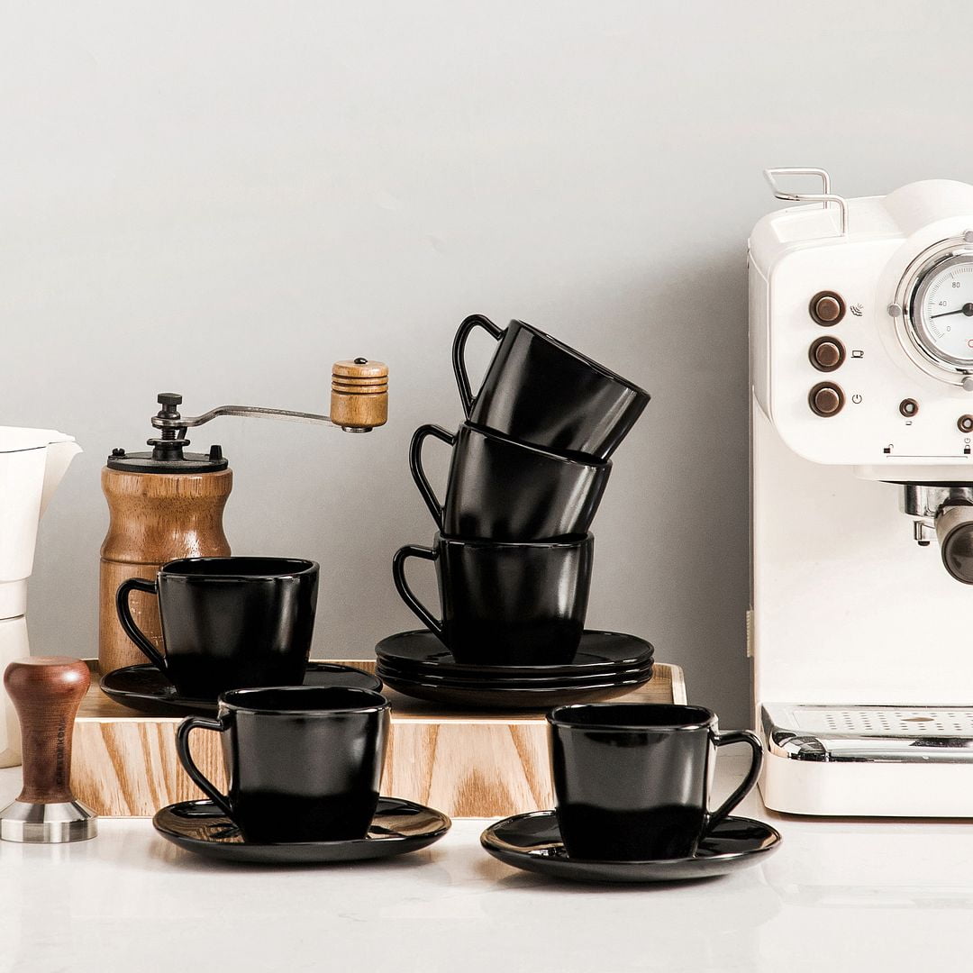 Opal Black Glass Marble Cup And Saucer Set 10 Malacasa, Series Dennis, 6-Piece Glassware Coffee Set Dinnerware Set, Black Square Coffee Cup And Saucer, 5.5'' 220 Ml