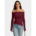 thumbnail image 3 of Women'S Off Shoulder Tops Dressy Long Sleeve Asymmetrical Slim Fit Going Out Fall Blouse Ruched Shirts Wine Red S, 3 of 5