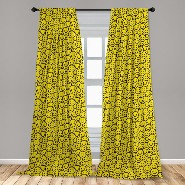 Black And Yellow Curtains 2 Panels Set Cheerful Cartoon Style Circular Faces Smiling Happy Mood Expression Window Ds For Living Room Bedroom 56 W X 95 L By Ambesonne Com Black And Yellow Curtains 2 Panels Set, Yellow And Black Window Curtains