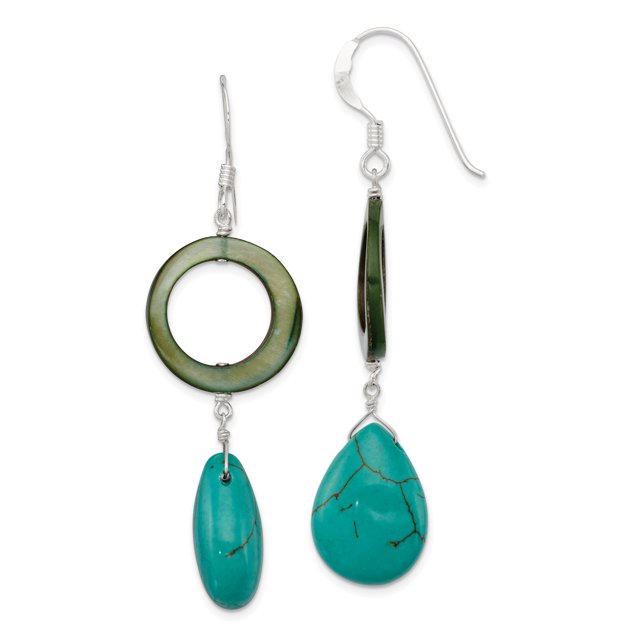 925 Sterling Silver Dyed Blue Howlite Green Mother Of Pearl Drop Dangle Earrings Natural Stone Shell