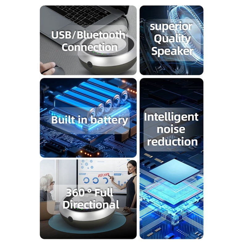 USB Bluetooth Conference 360° Voice Capture Microphone for Video Conferences Online Courses Live Broadcasts Silver