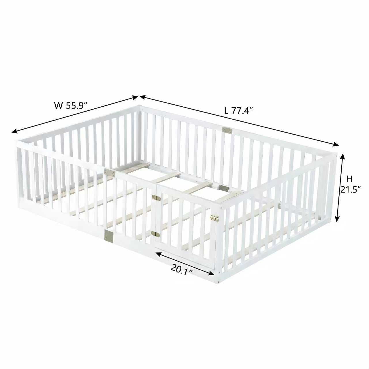 Full Size Rubber Wood Floor Bed with High Fence Railings and Revolving Door, White Safety Guardrails Kids Platform Bed with 6 Support Slats for Compact Bedroom
