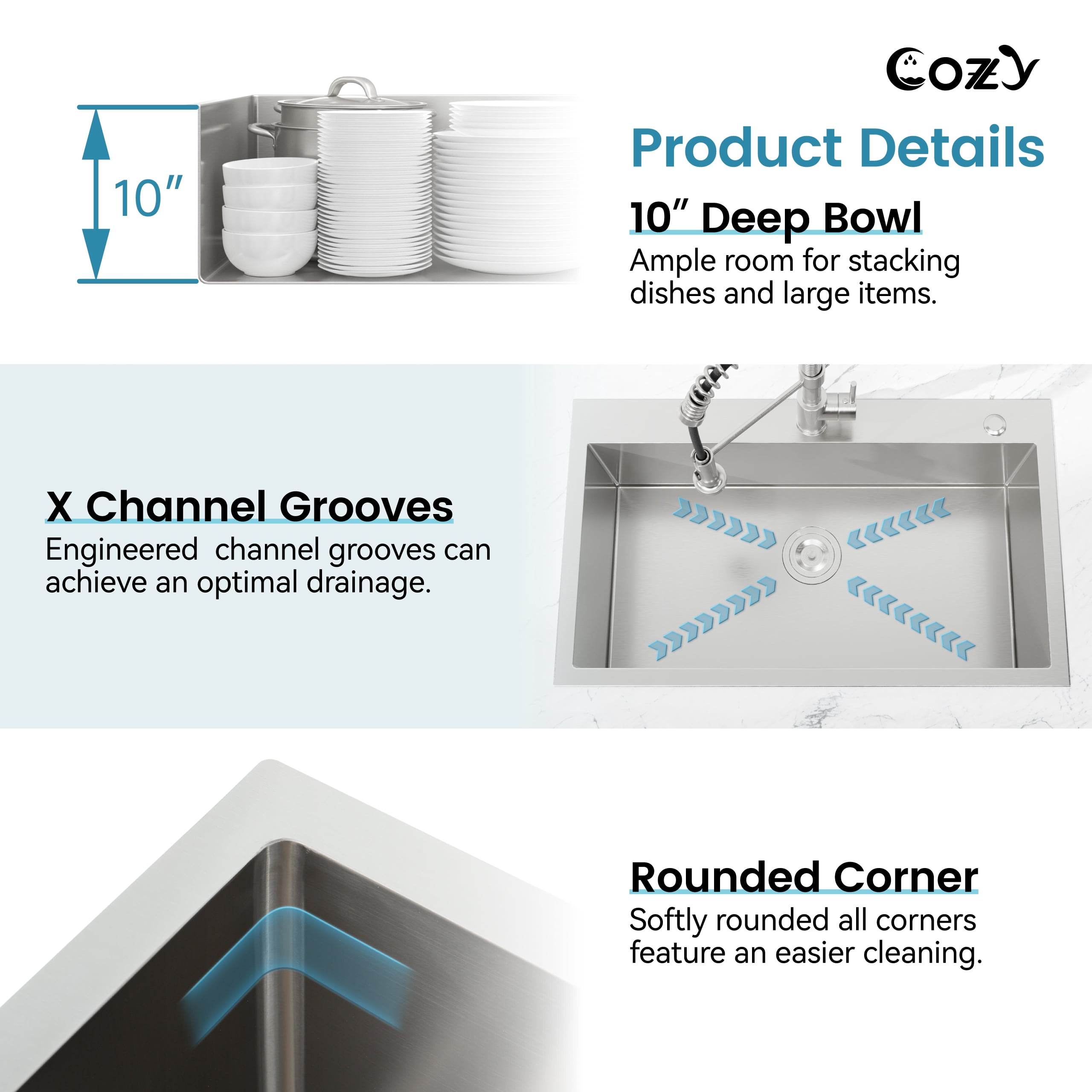 32″x19″ Stainless Steel Kitchen Sink, Single Bowl, Overmount Handmade Sink in Brushed Nickel, with US Standard Drain and Hook, SS-BR02D-321908