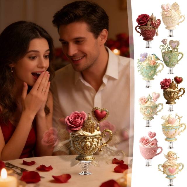 Romantic Acrylic Tea Cup Rocking Ornament with Roses - Perfect Gift for Lovers, Anniversaries & Valentine's Day