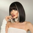 thumbnail image 5 of Phocas Black Short Bob Wigs for Women 14inch Highlight White Shoulder Length Heat Resistant Synthetic Wig with Bangs, 5 of 6