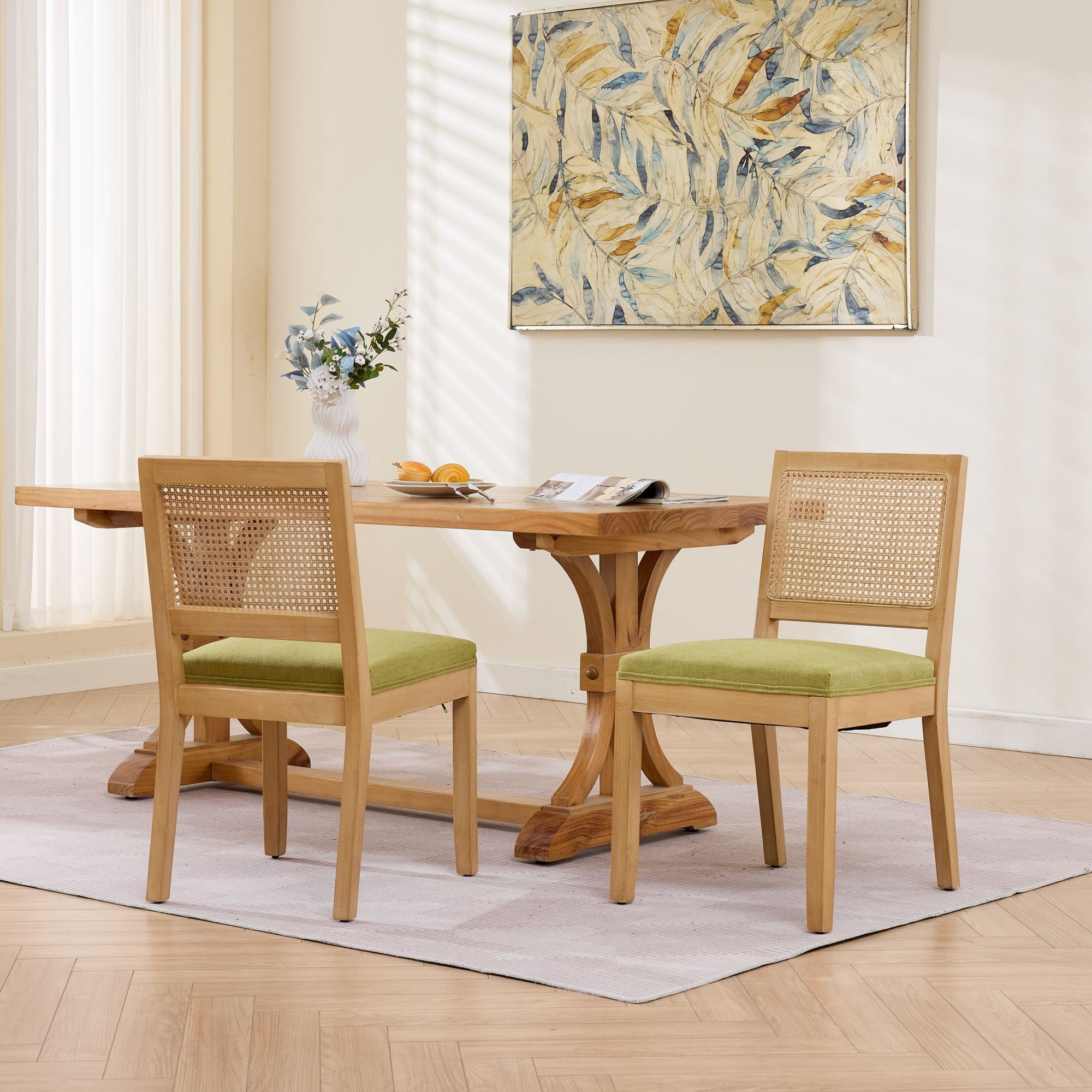 Leumius Rattan Dining Chairs Set of 2, Cane Upholstered Kitchen Side Chair with Natural Hardwood Frame for Kitchen, Dining Room, Living Room Olive Green