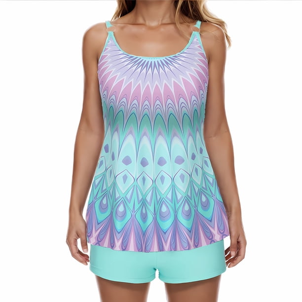 Traje de baño de 2 piezas para mujer, trajes de baño para mujer, traje de baño de mujer con abertura trasera, estampado de hojas multicolor, pantalones y tirantes, traje de baño dividido para mujer
