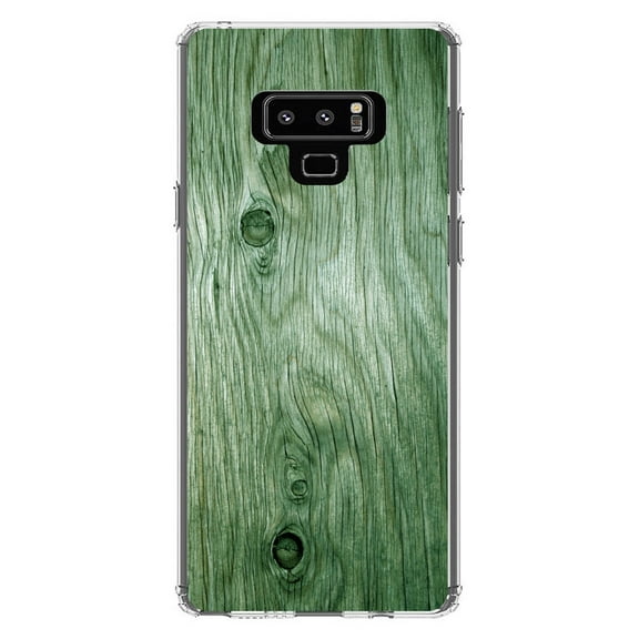 DistinctInk Clear Shockproof Hybrid Case for Samsung Galaxy Note 9 - TPU Bumper, Acrylic Back, Tempered Glass Screen Protector - Green Weathered Wood Grain Print - Printed Wood Grain Image