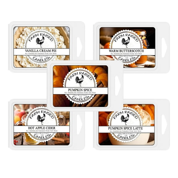 Farm Raised Candles - USA Made -  5-Pack - Fall Wax Melts - Hand Crafted – Vanilla Cream Pie, Apple Cider, Butterscotch, Pumpkin Spice & Latte – 1 Pound Pack - 100% American Soy