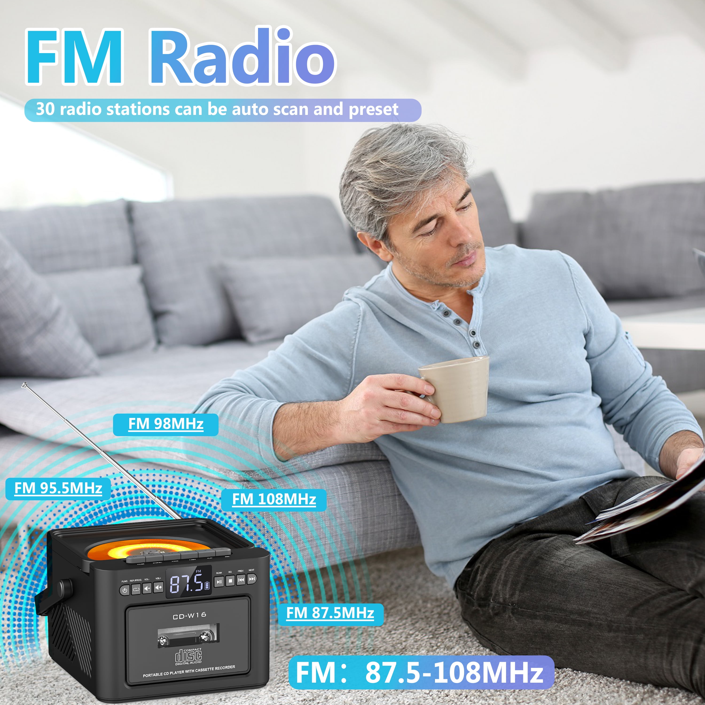 Greadio Bluetooth CD Cassette Boombox Player, Portable Rechargeable CD Player with Type-C Charging Cord & Remote, Black