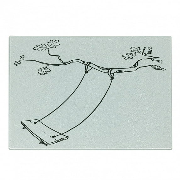Outdoor Cutting Board, Sketchy Leaves Tree Branch with a Swing and Word of Joy Garden Park Play, Decorative Tempered Glass Cutting and Serving Board, Small Size, Black White, by Ambesonne
