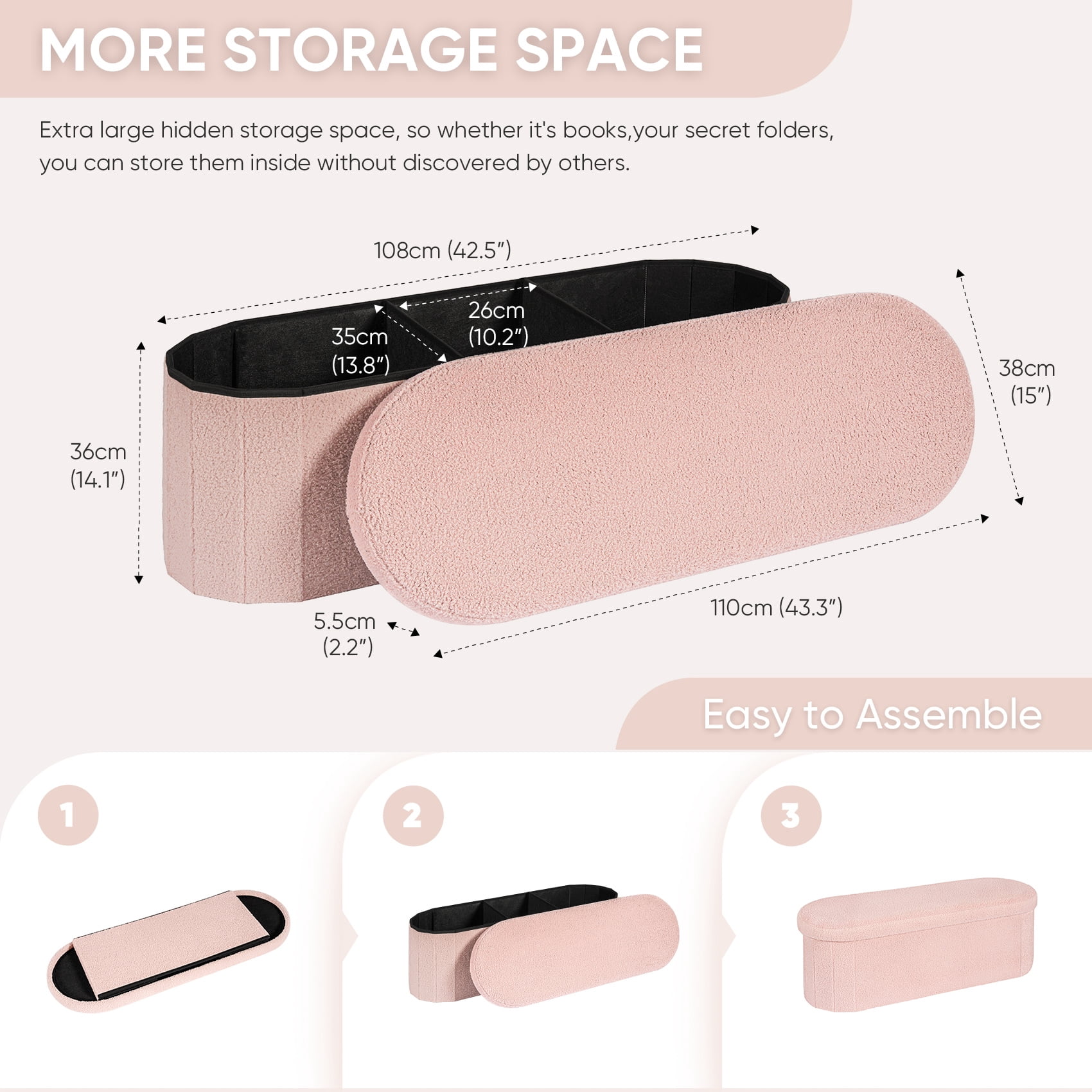 PINPLUS Storage Ottoman Bench Tufted Oval Ottoman Bench Foot Rest Velvet Bench with Storage 43" Pink