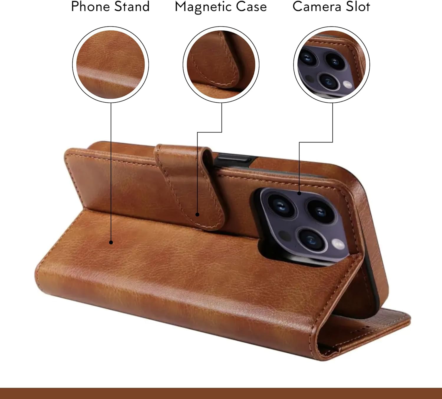 RadEnergy Leather Case with EMF Protection for iPhone 15 Pro with Card Holder & Stand, Brown